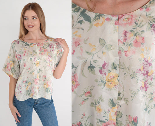90s Barbizon Floral Satin Pajama Top Cream Half-Button Sleep Shirt Large L