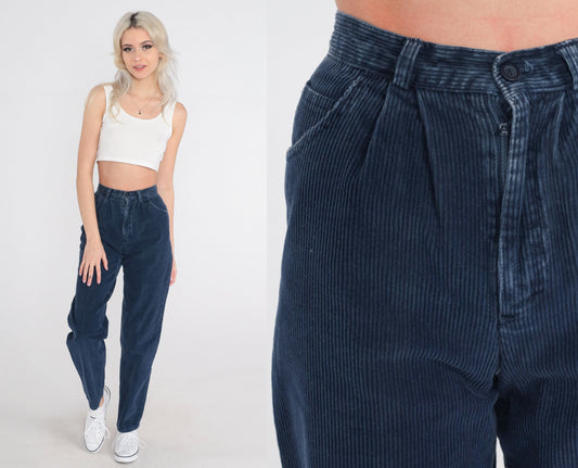 80s Navy Corduroy Pants High Waist Tapered Pleated Trousers XXS