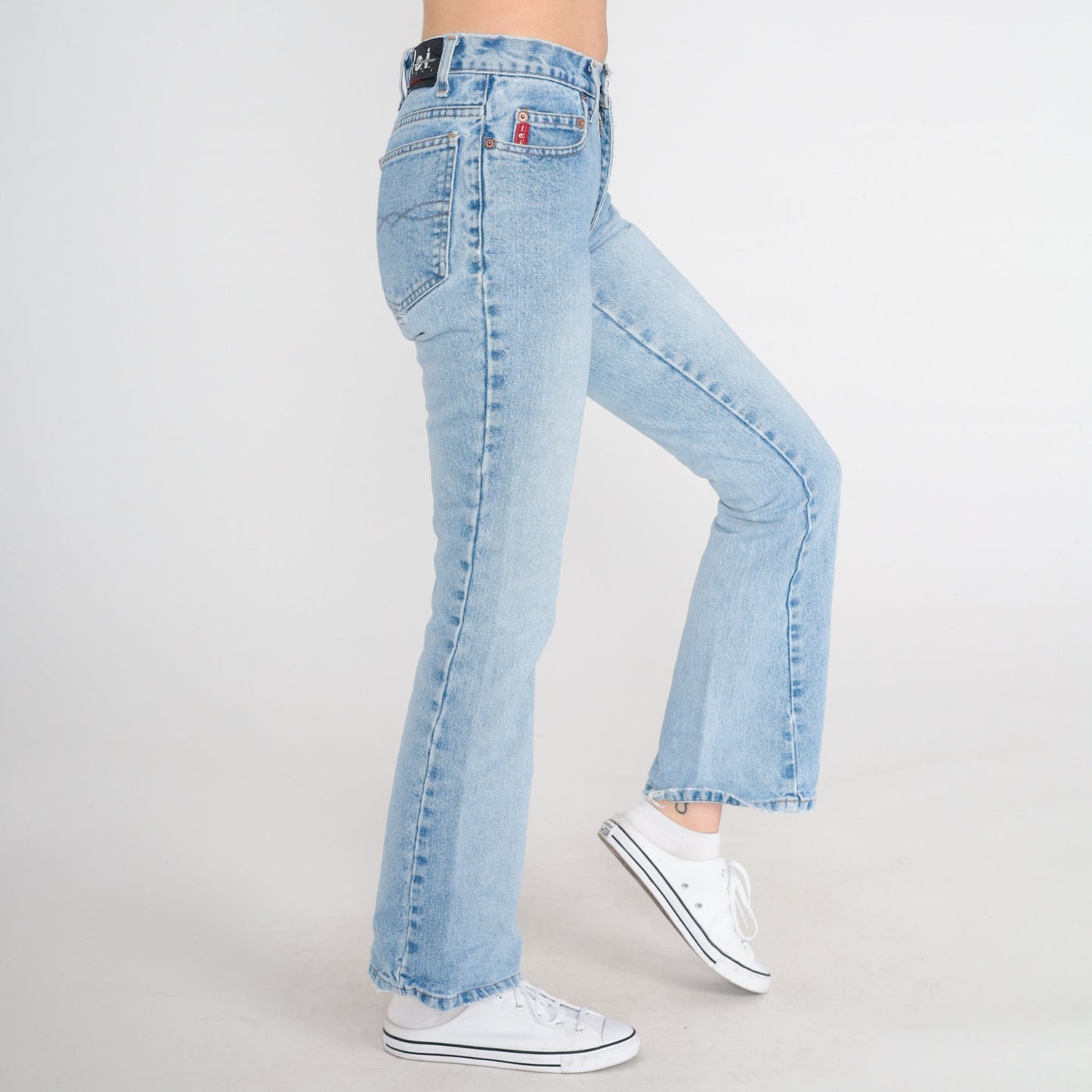 00s Lei Flared Low Rise Jeans Faded Blue Denim Distressed Bootcut 2XS