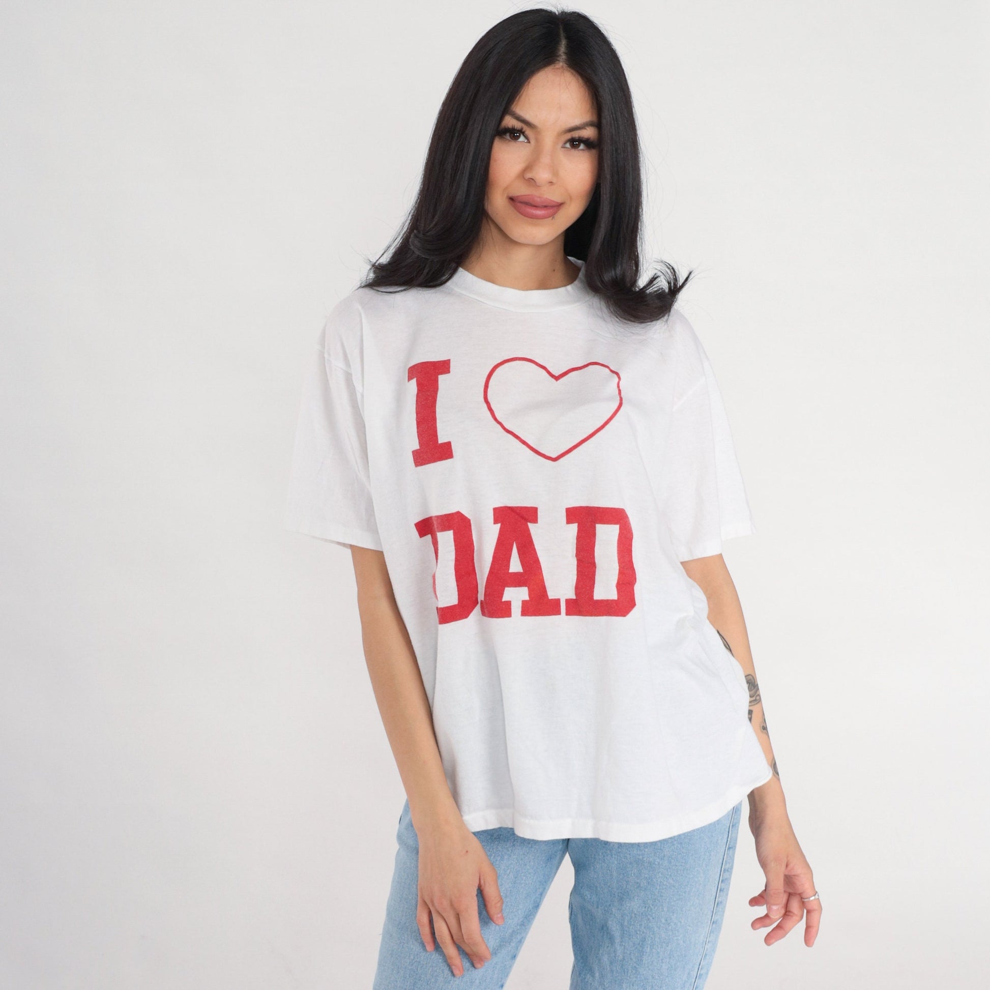 80s I Heart Dad Graphic T-Shirt White Cotton Tee Large L