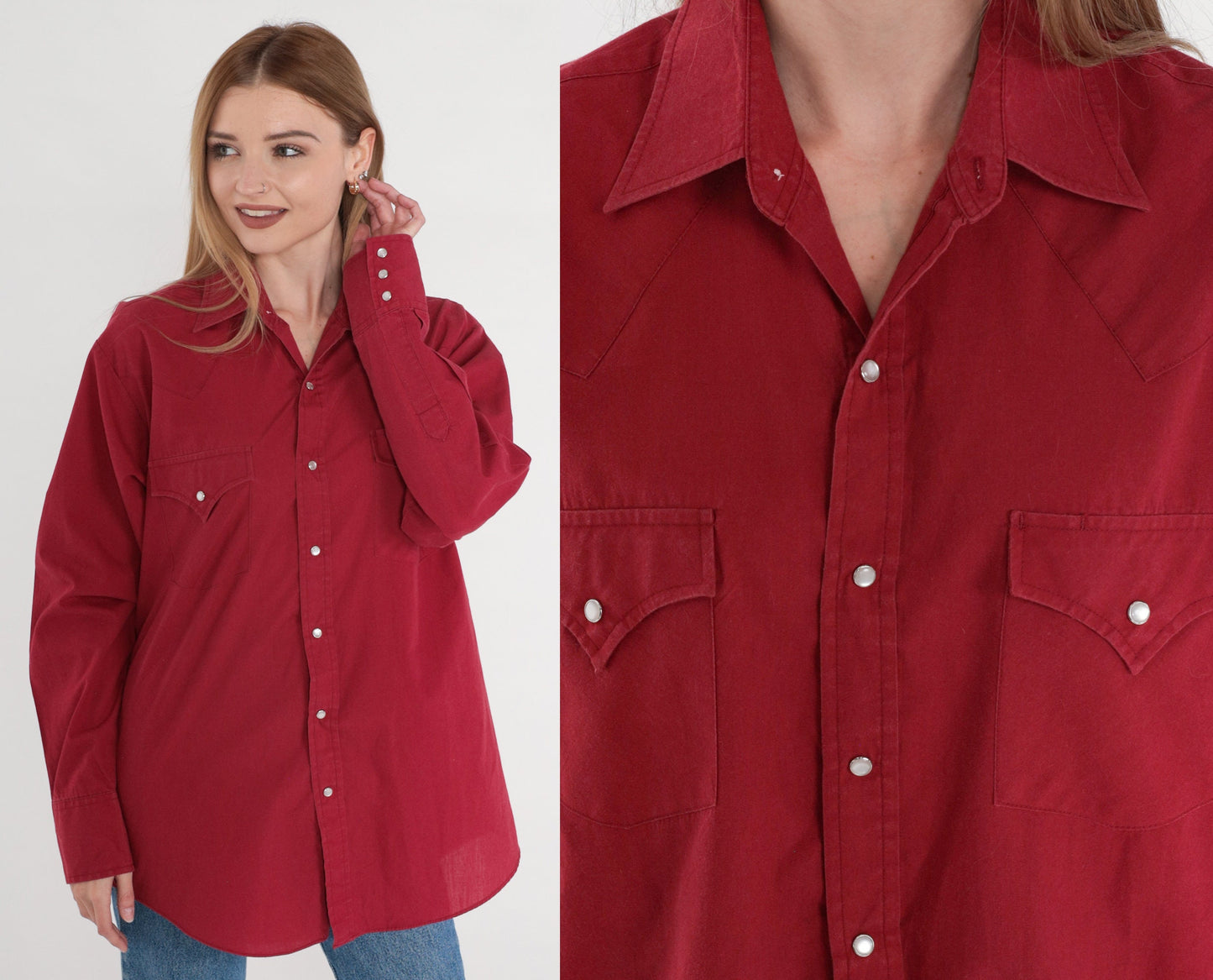 90s Red Western Pearl Snap Shirt Cowboy Button Up Medium M