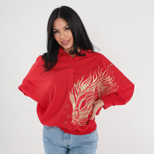 90s Red Fish Metallic Gold Graphic Collared Blouse Long Sleeve Medium M