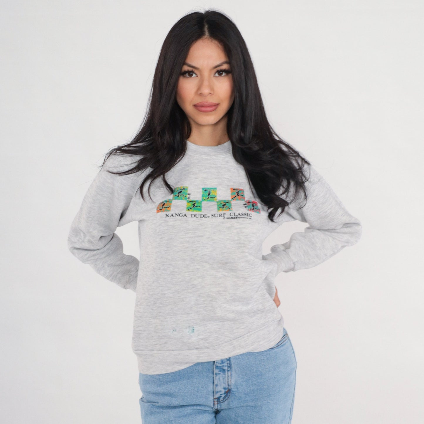 90s Kanga Dude Surf Classic Sweatshirt Heather Grey Raglan XS