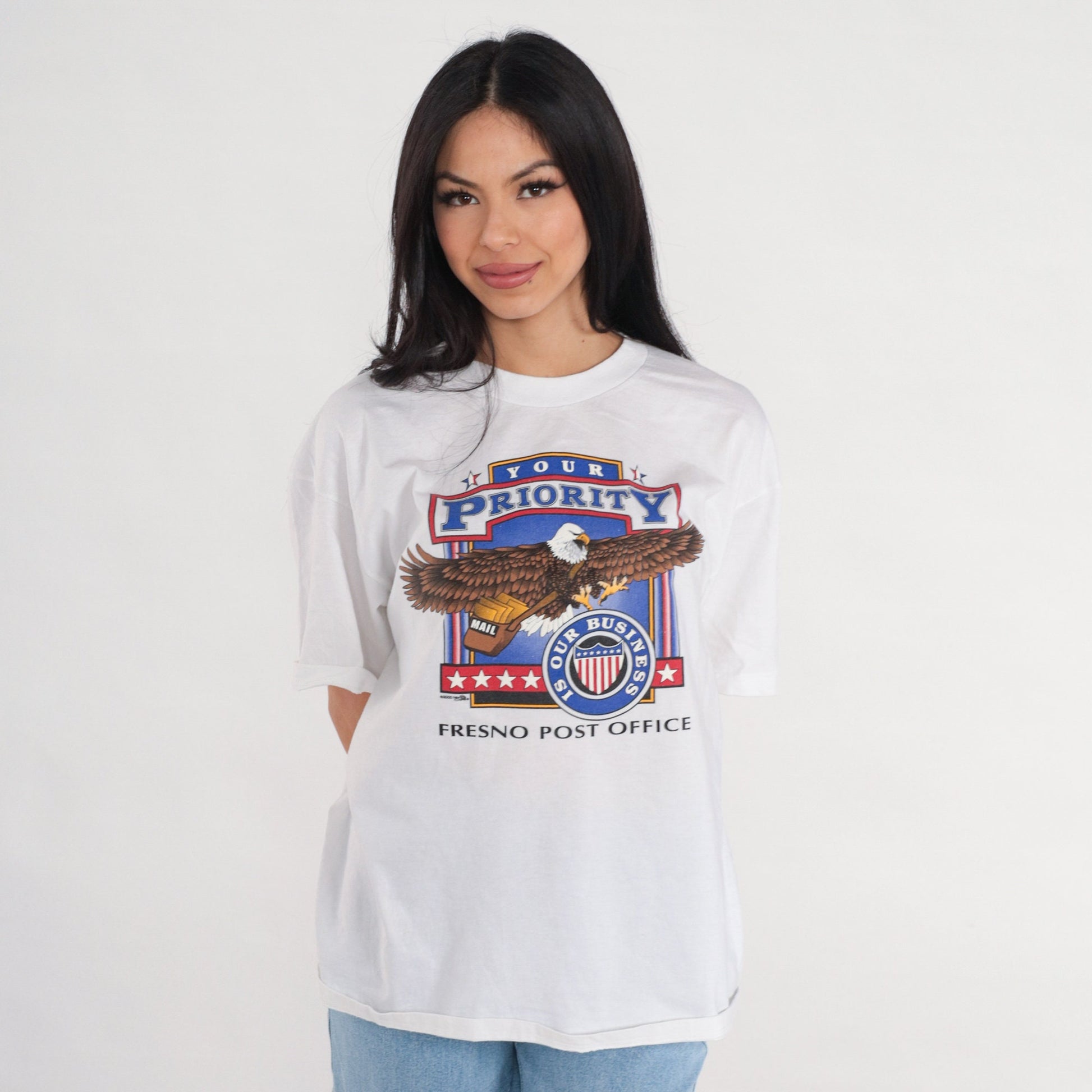 Y2K Fresno Post Office USPS Eagle Graphic Tee White Cotton Large L