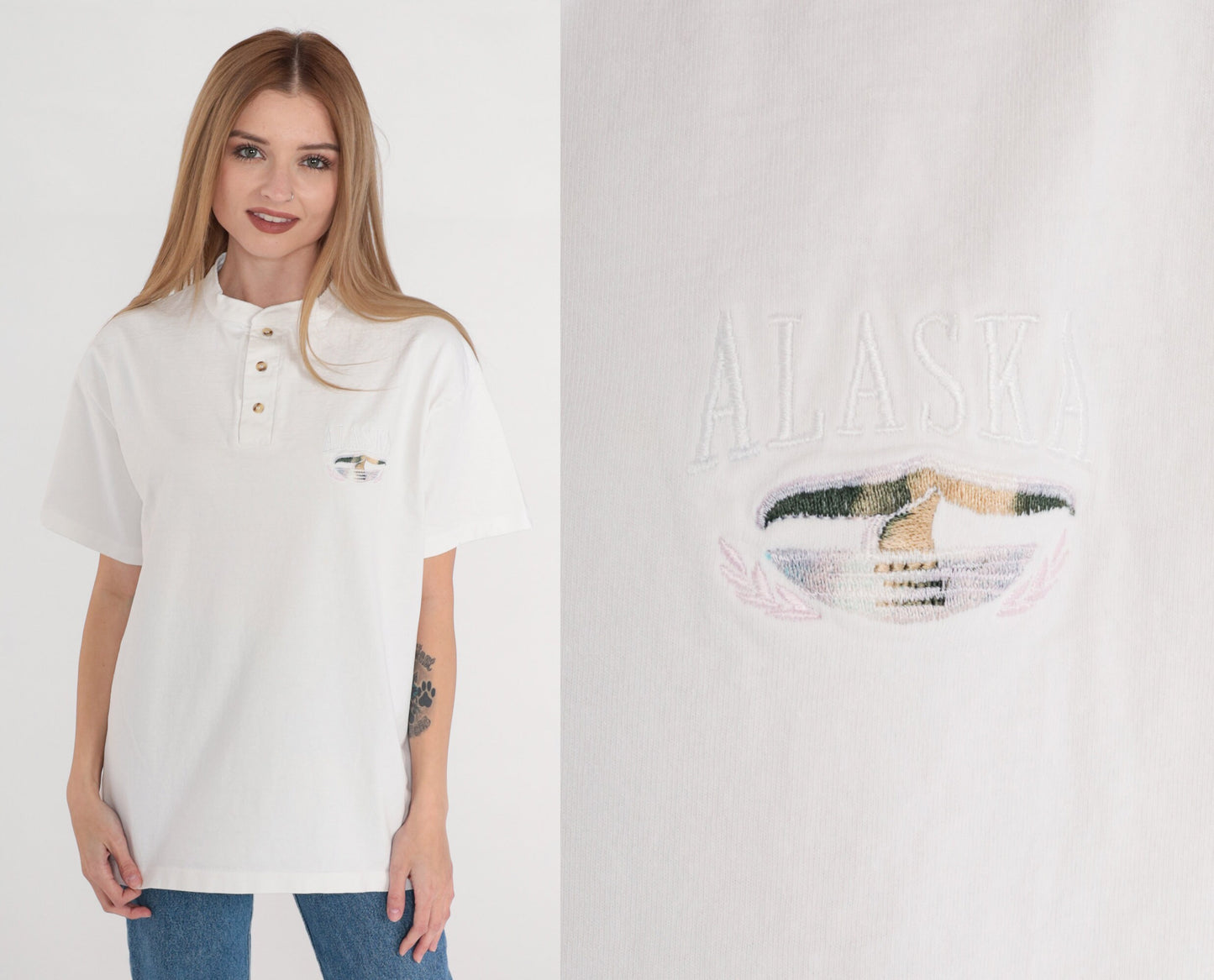 90s Alaska Whale Embroidered Henley T-Shirt White Cotton Large L