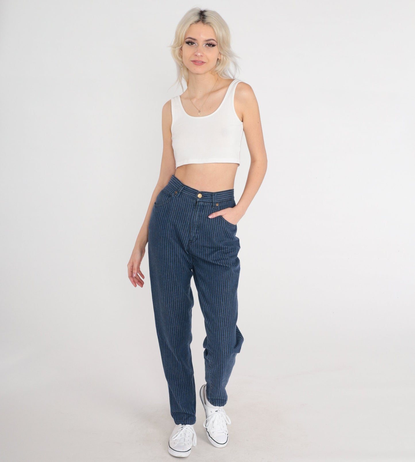 80s Liz Claiborne Striped High-Waist Tapered Jeans Black Blue Small 4