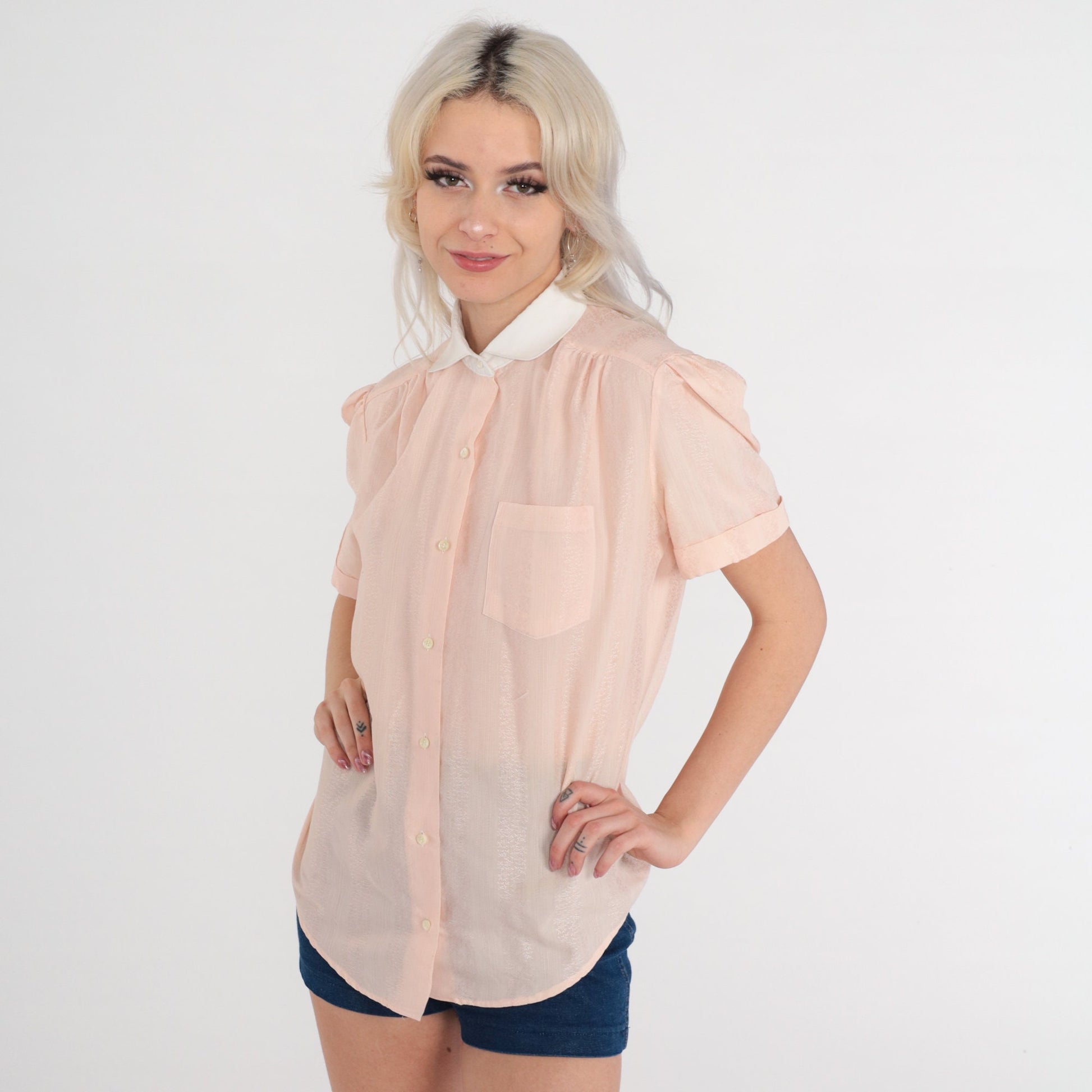 80s Peach Pink Embossed Floral Puff Sleeve Button Up Blouse Large