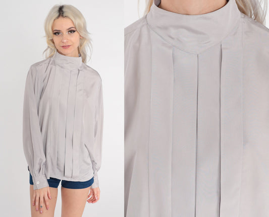 80s Christian Dior Mock Neck Blouse Grey Pleated Long Sleeve Medium 10