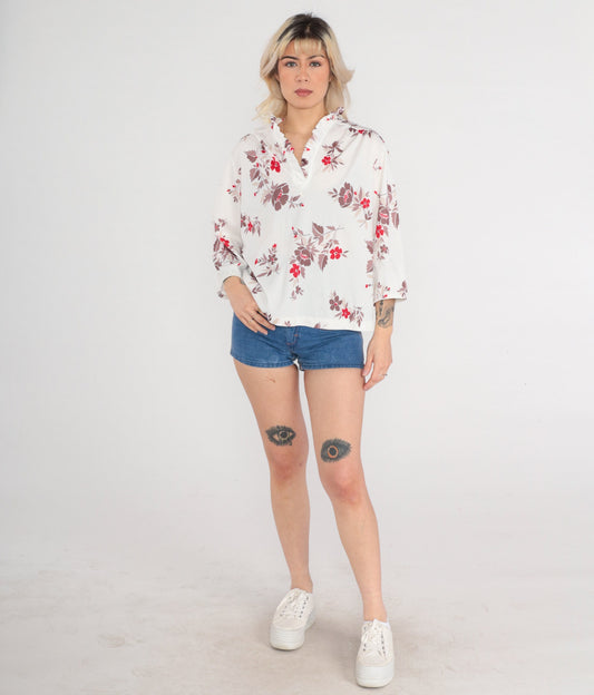 70s Floral Blouse Ruffle Neckline Long Sleeve White Rose Taupe Large
