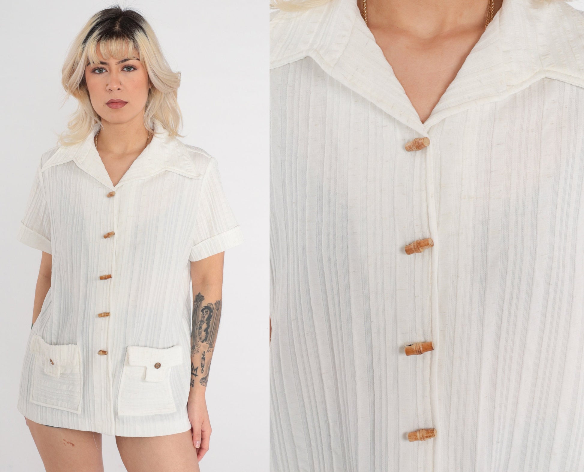 70s White Toggle Button Blouse Dagger Collar Short Sleeve Shirt Large L