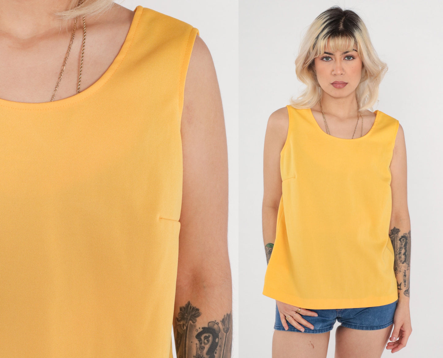 70s Yellow Tank Top Sleeveless Scoop Neck Polyester Medium