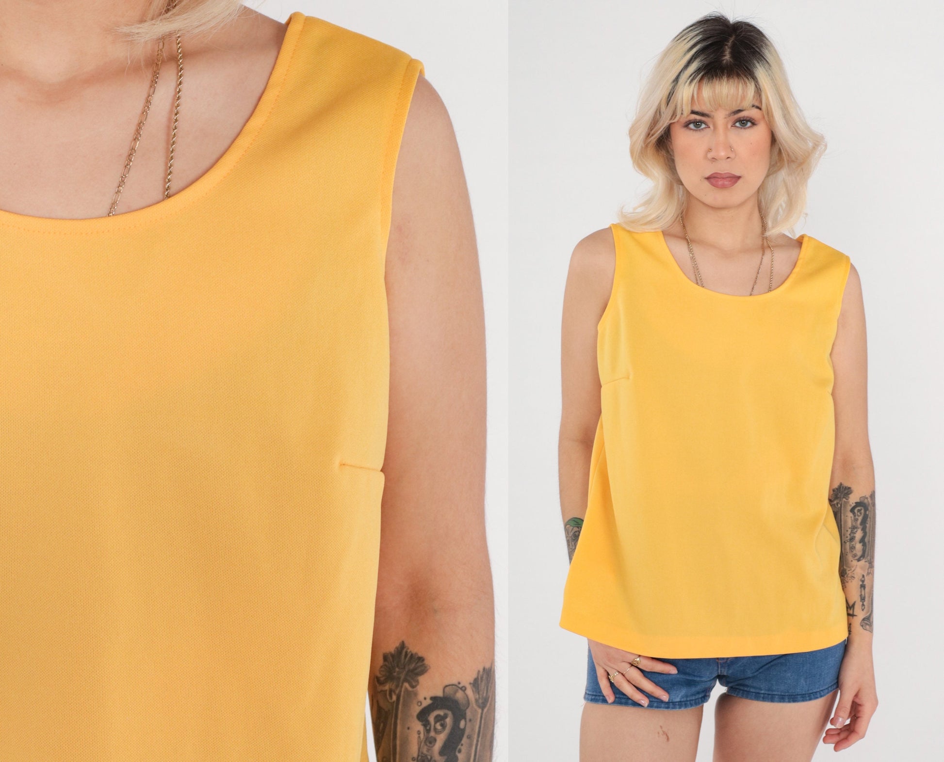 70s Yellow Tank Top Sleeveless Scoop Neck Polyester Medium