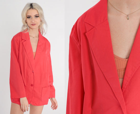 90s Coral Red Blazer Double Button Cotton Blend Jacket Medium