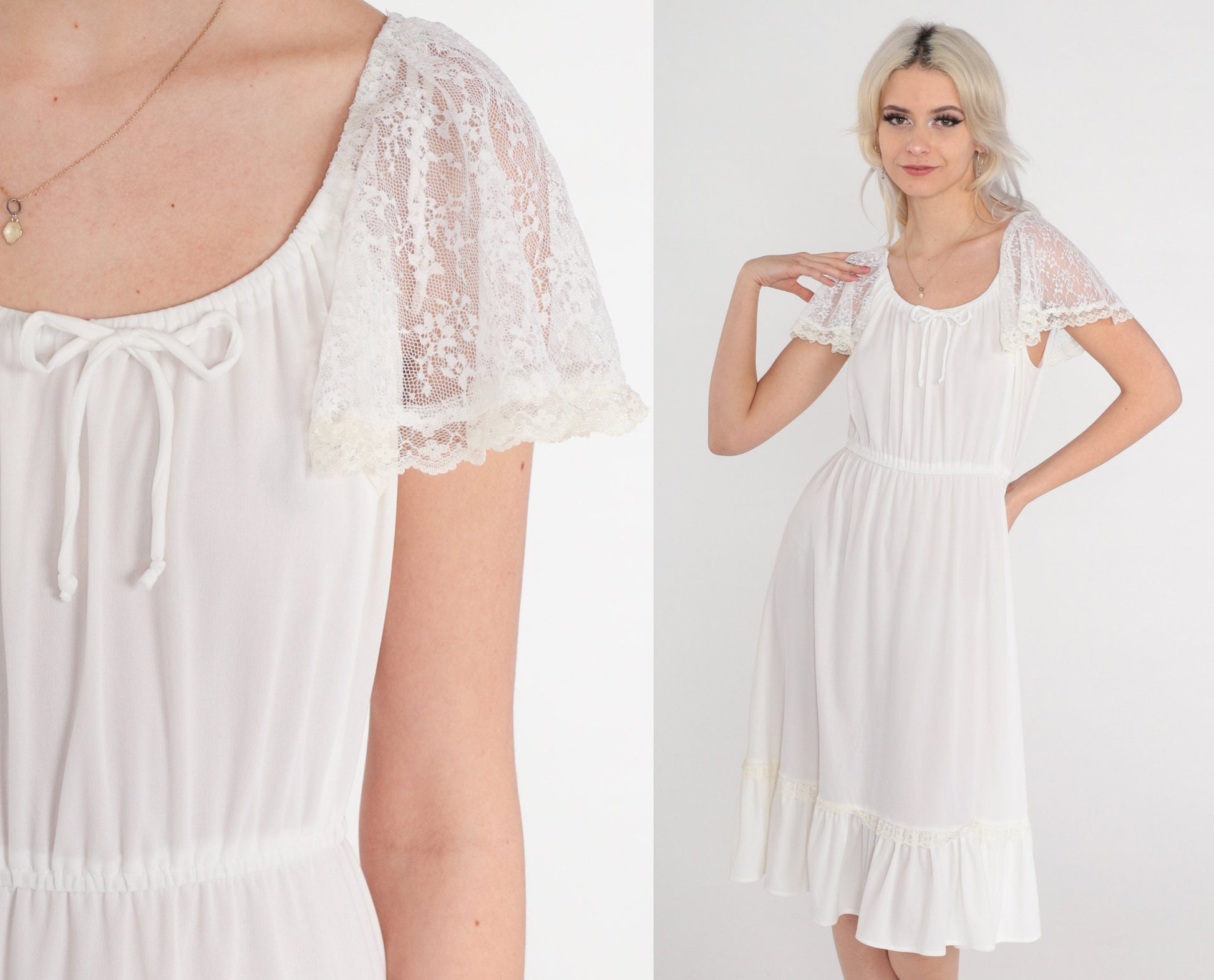 70s White Lace Flutter Sleeve Midi Dress High Waist Elastic Neckline Small Medium