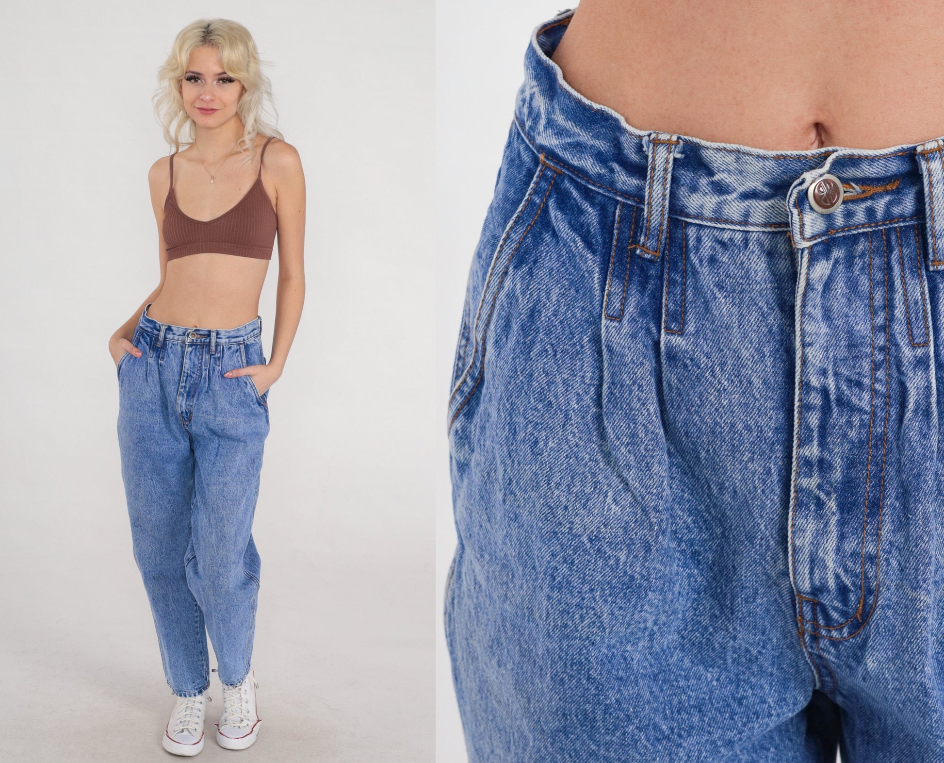 90s Bill Blass High Waist Pleated Tapered Denim Jeans Blue Small