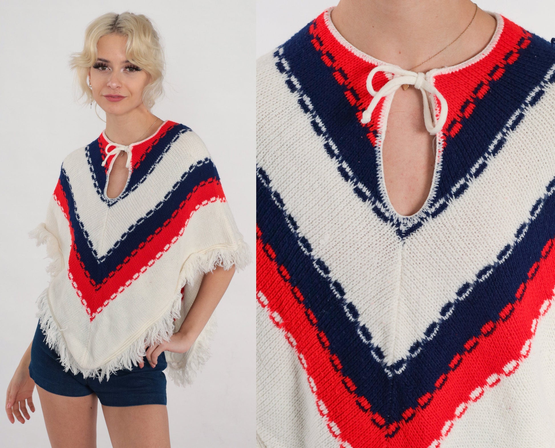 70s Chevron Striped Knit Poncho Shawl Fringe Keyhole White Red Blue Small Medium