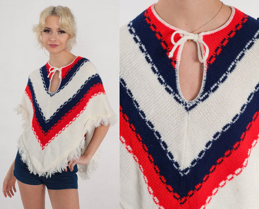 70s Chevron Striped Knit Poncho Shawl Fringe Keyhole White Red Blue Small Medium