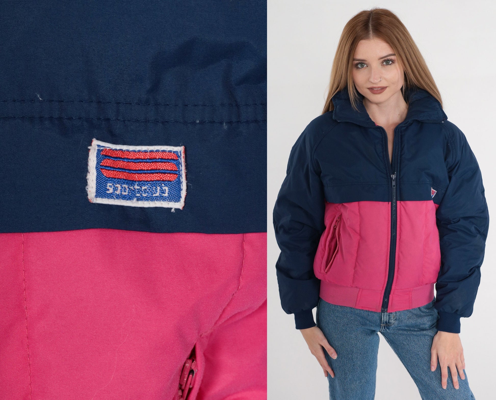 80s Sport Club Goose Down Puffer Jacket Navy Pink Color Block Ski Coat XS