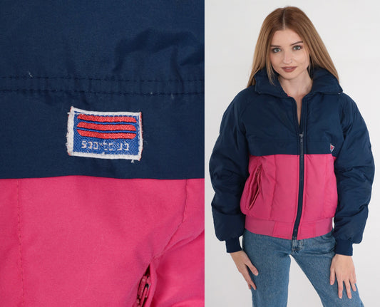 80s Sport Club Goose Down Puffer Jacket Navy Pink Color Block Ski Coat XS