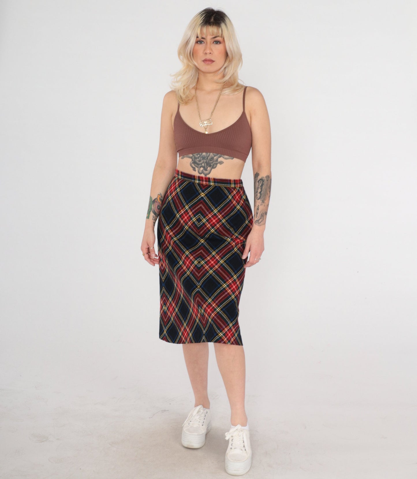 70s Wool Plaid Midi Skirt High Waist Black Red Tartan Small S