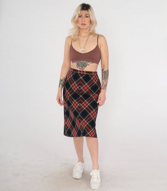 70s Wool Plaid Midi Skirt High Waist Black Red Tartan Small S