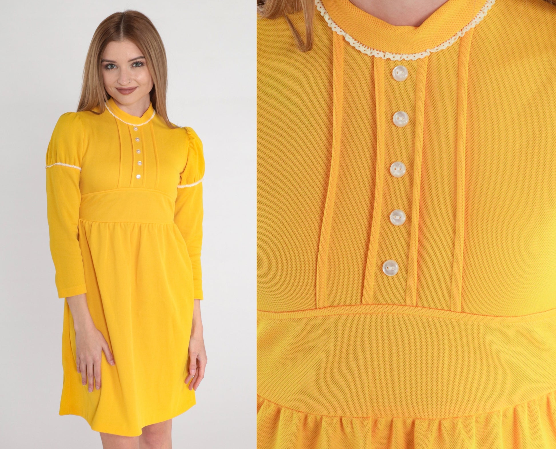 70s Yellow Babydoll Mini Dress Puff Sleeve Empire Waist XXS