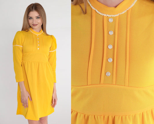 70s Yellow Babydoll Mini Dress Puff Sleeve Empire Waist XXS
