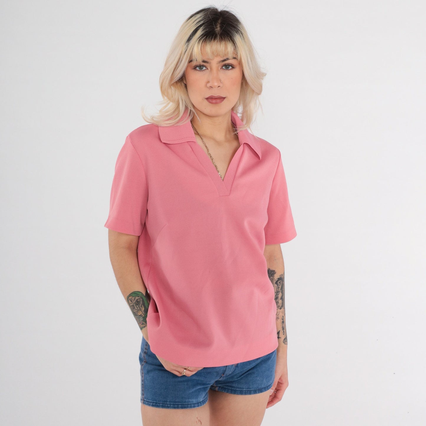 70s Pink Collared V-Neck Polo Shirt Short Sleeve Large L