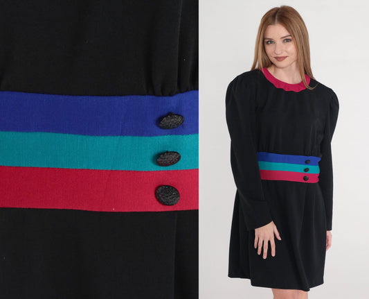 80s Leslie Fay Black Striped Mini Dress Puff Sleeve Shift Medium Large