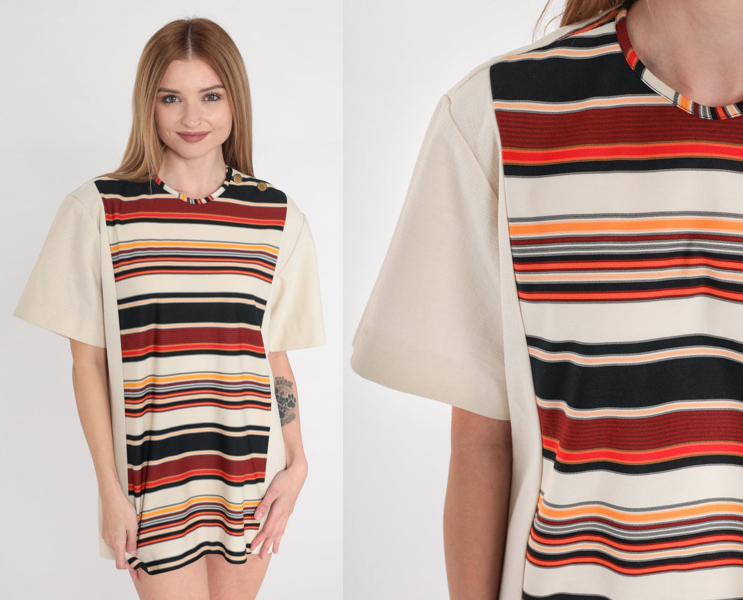 70s Mod Striped Shift Dress Micro Mini Off-White Red Yellow Short Sleeve XS