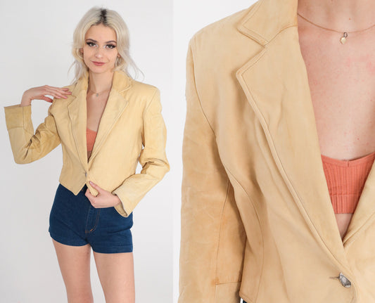 80s Pioneer Wear Leather Blazer Cropped Deep V Neck Sand Yellow Extra Small