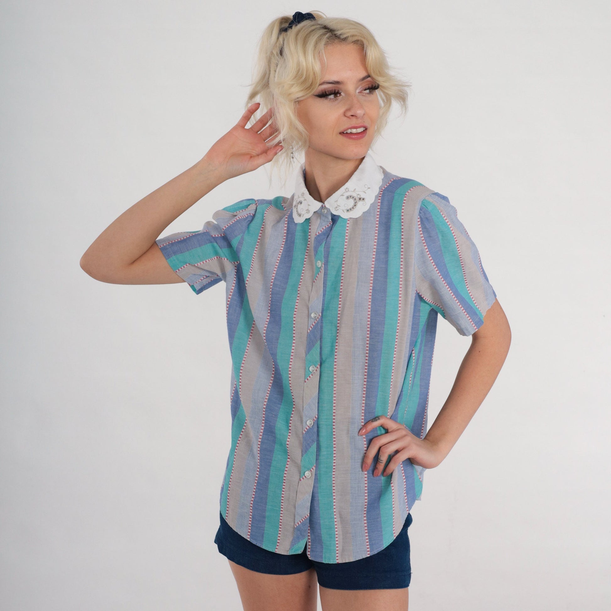 80s Striped Blouse Lace Collar Puff Sleeve Button Up Floral Embroidered Blue Green Medium