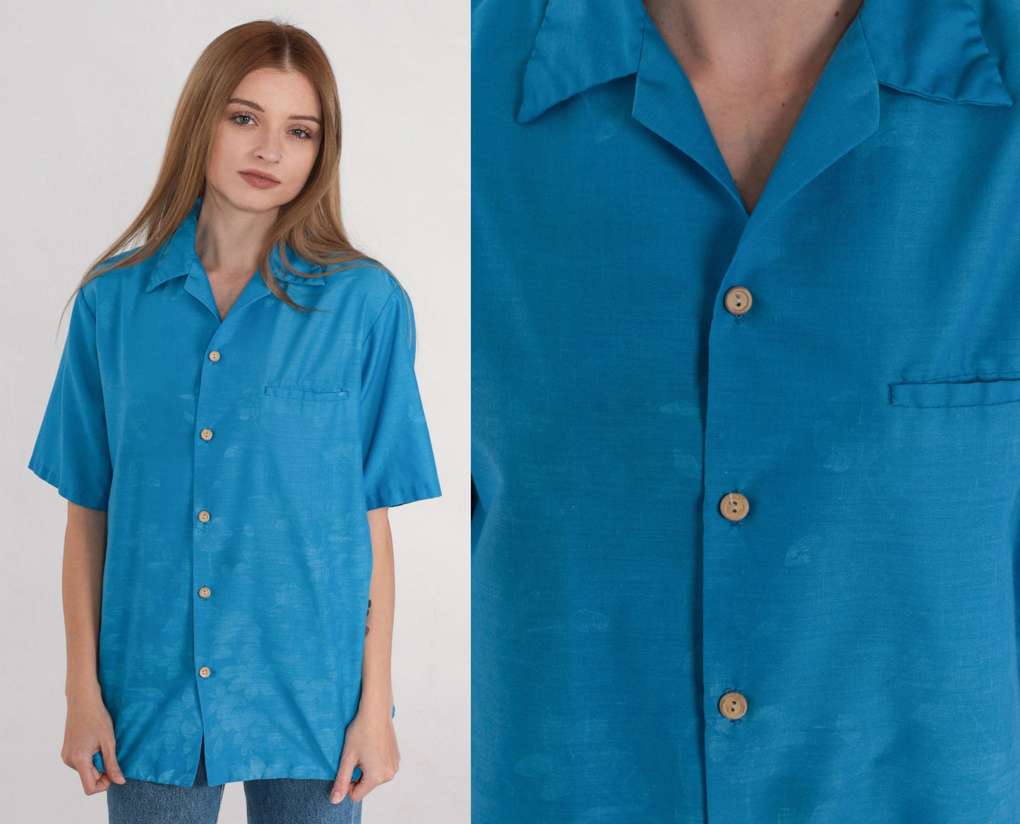 90s Blue Floral Button-Up Blouse Short Sleeve Collared Shirt Medium M