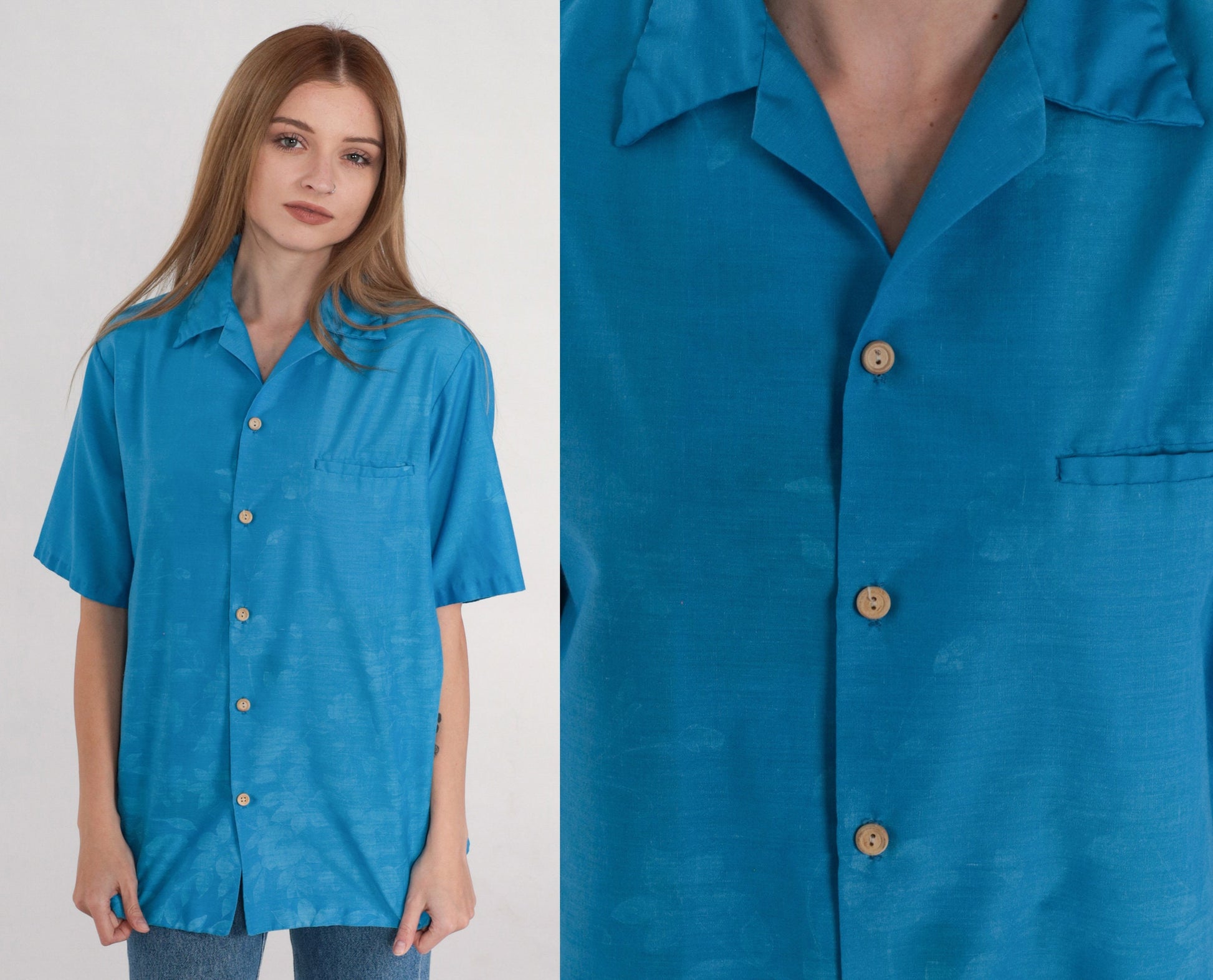 90s Blue Floral Button-Up Blouse Short Sleeve Collared Shirt Medium M