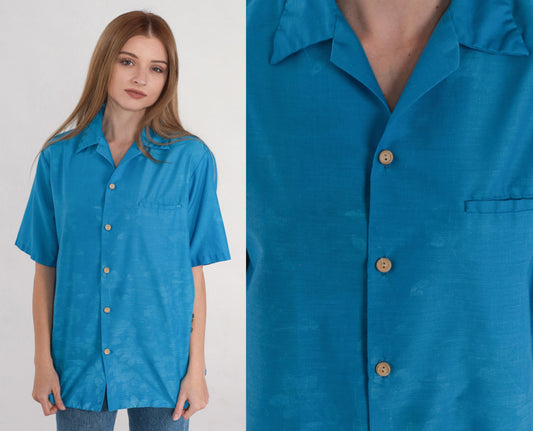 90s Blue Floral Button-Up Blouse Short Sleeve Collared Shirt Medium M