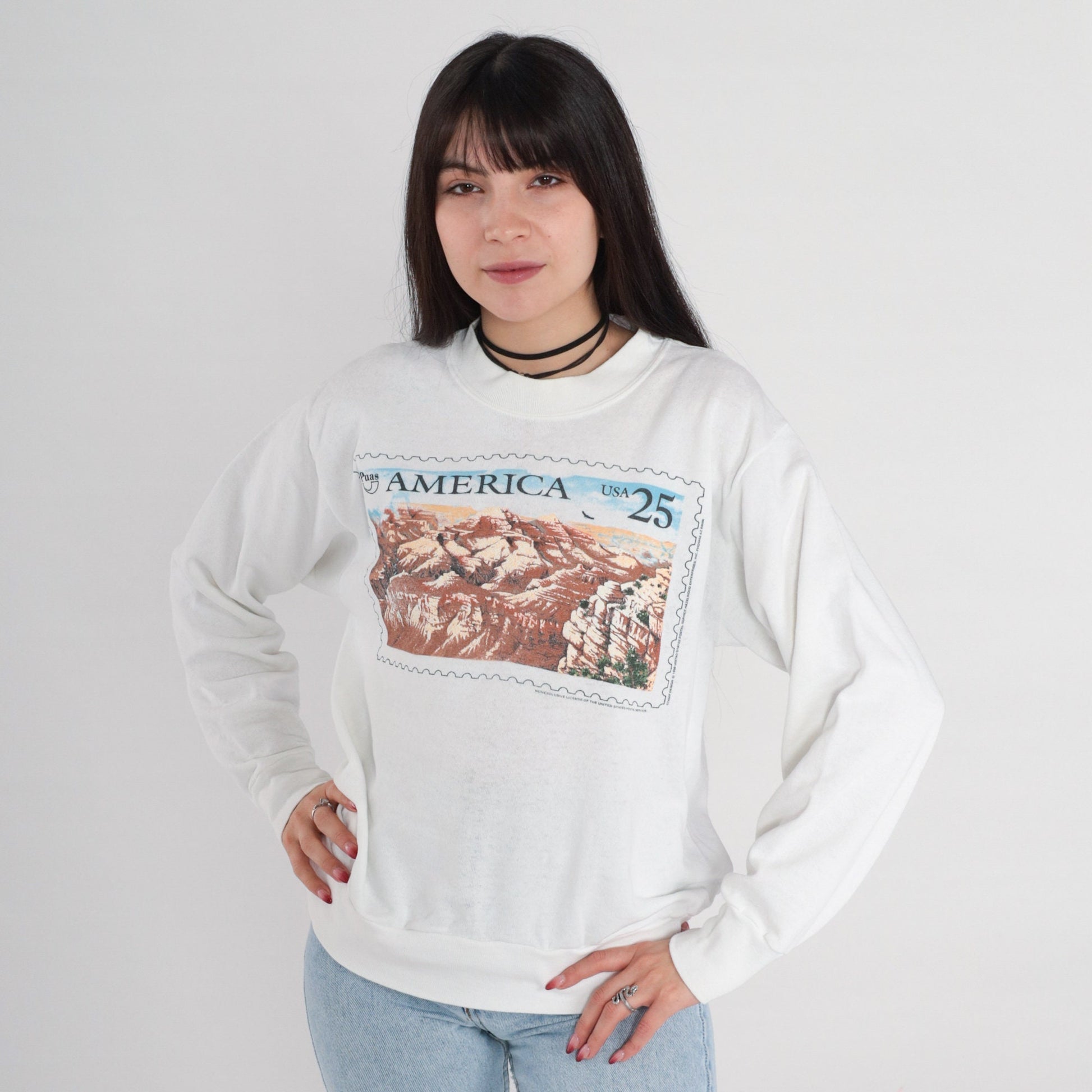 90s Puas America Grand Canyon Stamp Sweatshirt White Distressed Small