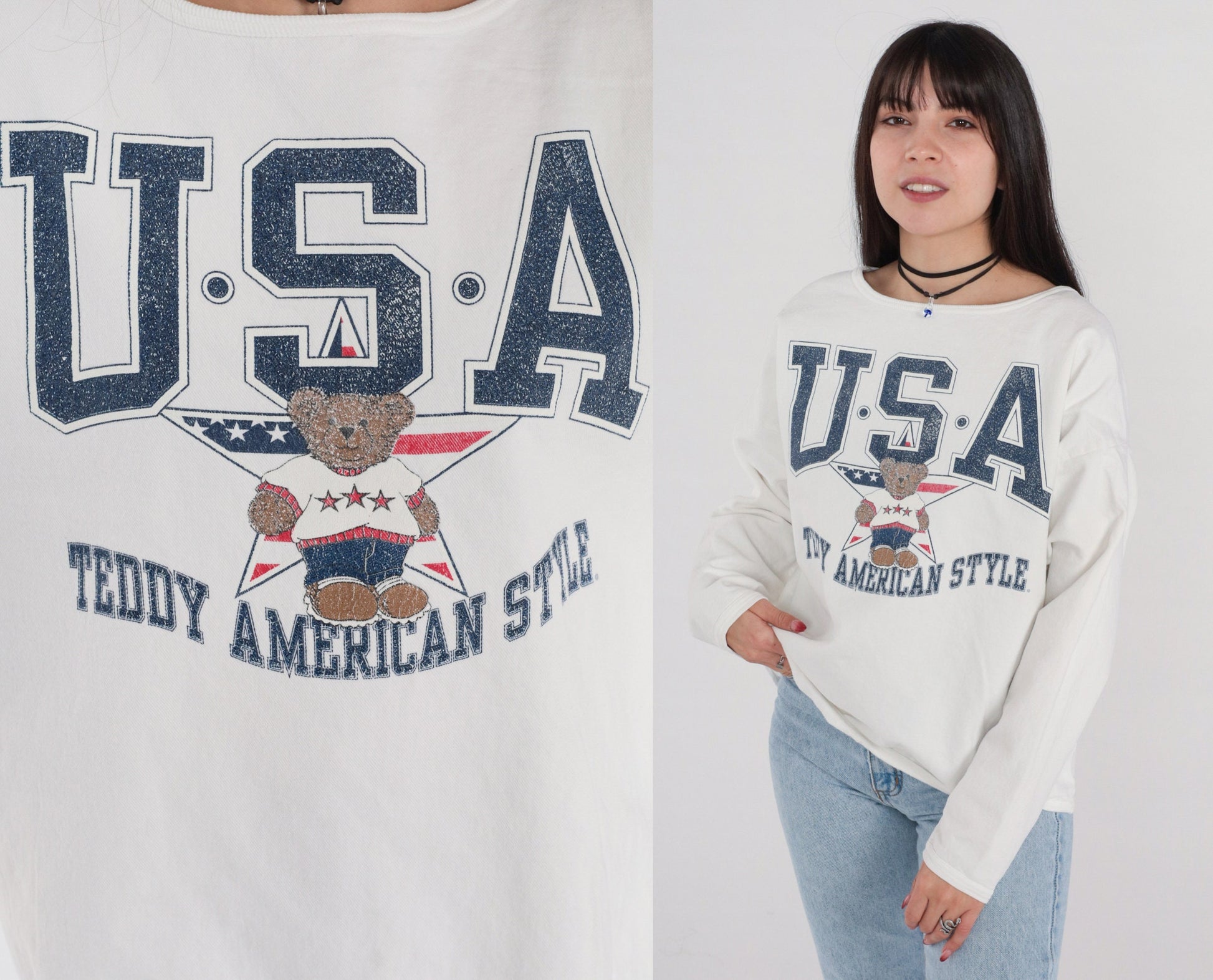 90s Teddy Bear USA Graphic Sweatshirt Cotton Crewneck White Medium Large