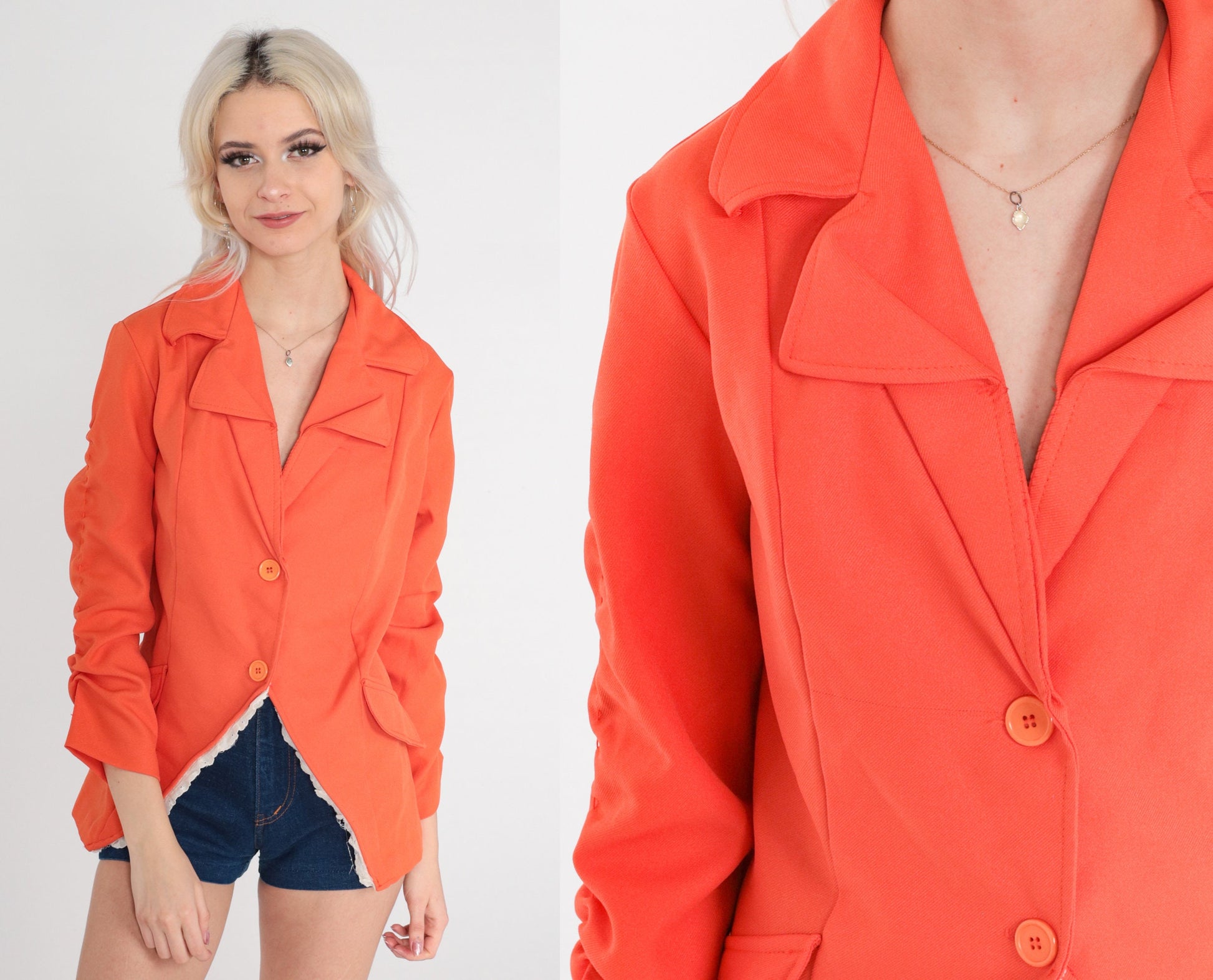 70s Orange Blazer Notched Collar Ruched Sleeves Eyelet Lace Extra Small