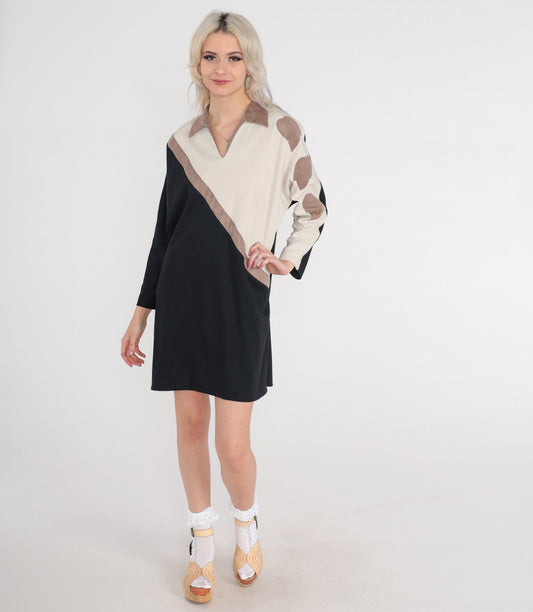 70s Shift Dress Faux Suede Leaf Print Colour Block Mini Black Beige Large