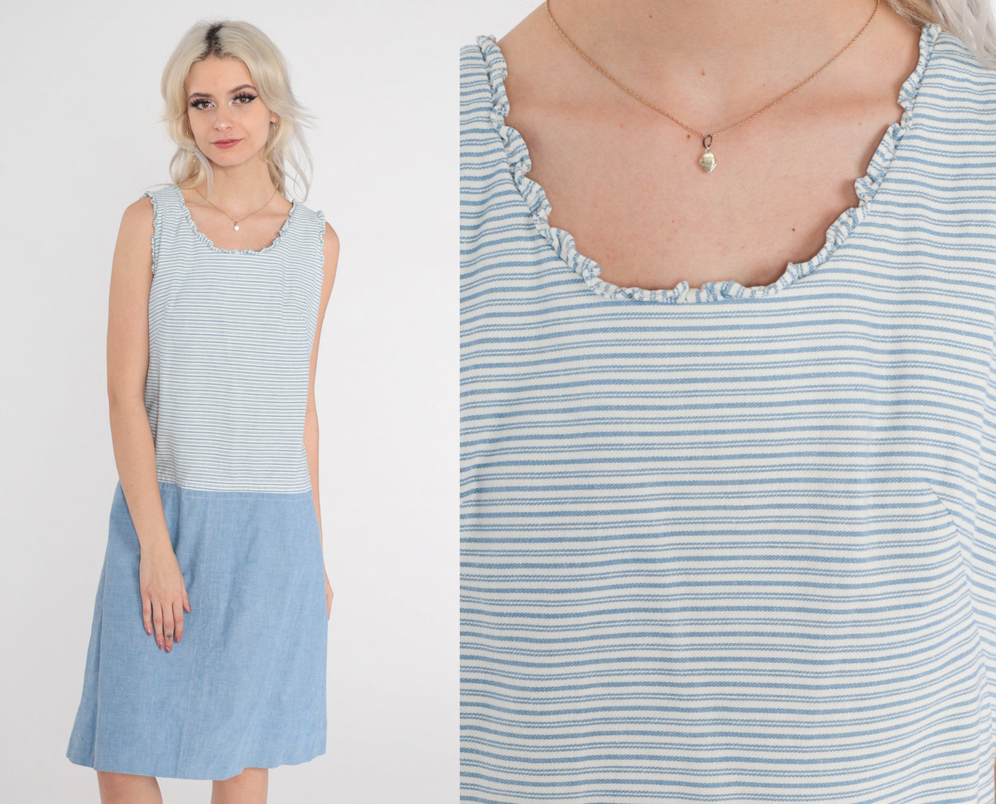 60s Mod Shift Dress Blue White Striped Mini Drop Waist Sleeveless Small