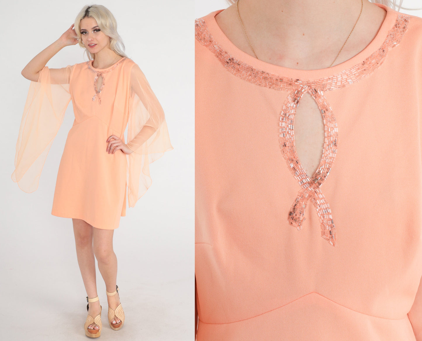 1960s Peach Babydoll Mini Dress Angel Sleeve Beaded Keyhole Medium Large