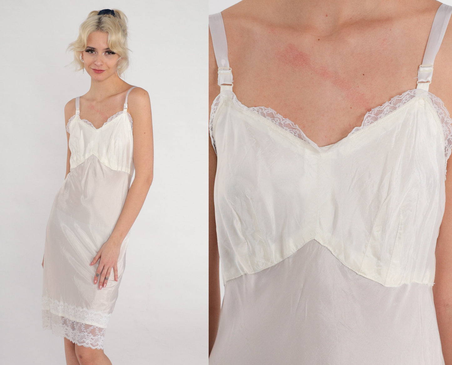 70s White Lace Trim Slip Dress Empire Waist Knee Length XS