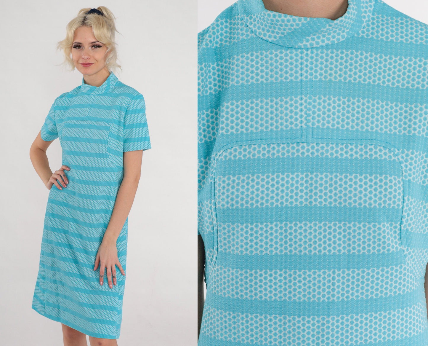 60s Mod Blue Striped Bubble Print Shift Dress Mock Neck Knee Length Small