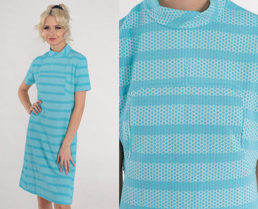 60s Mod Blue Striped Bubble Print Shift Dress Mock Neck Knee Length Small