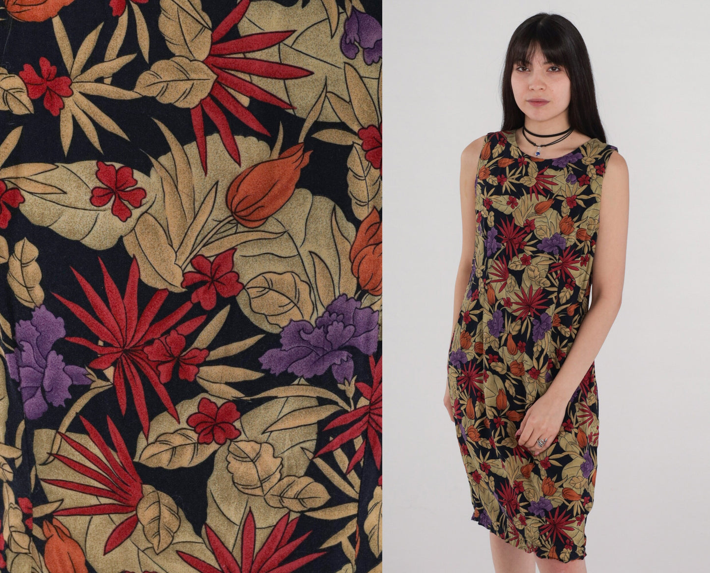 00s Tropical Floral Rayon Sheath Dress Sleeveless Knee-Length Medium