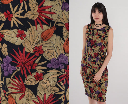 00s Tropical Floral Rayon Sheath Dress Sleeveless Knee-Length Medium