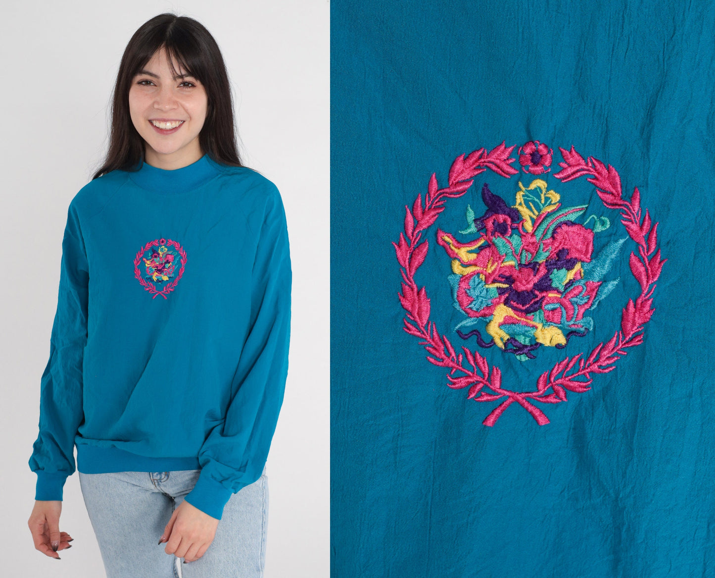 90s Blue Floral Embroidered Mockneck Sweatshirt Raglan Pullover Medium M