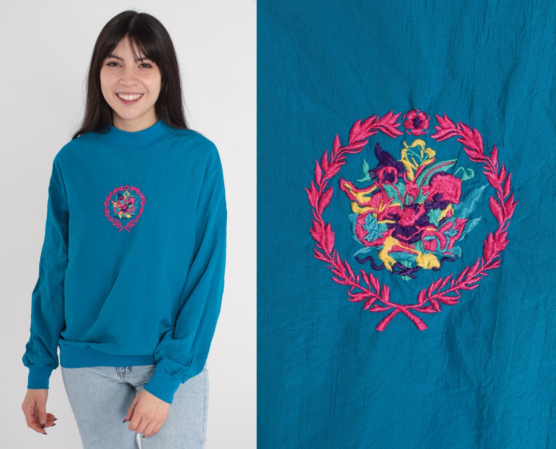 90s Blue Floral Embroidered Mockneck Sweatshirt Raglan Pullover Medium M