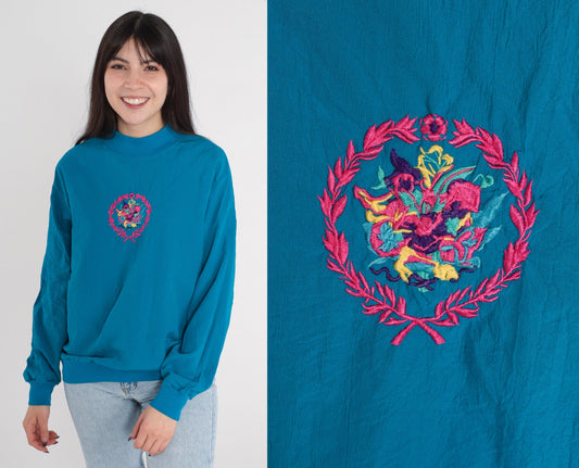 90s Blue Floral Embroidered Mockneck Sweatshirt Raglan Pullover Medium M