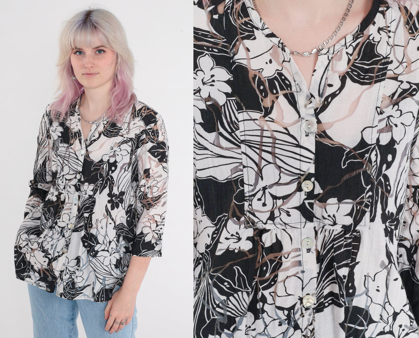 Y2K Sheer Floral Blouse Black White Button Up 3/4 Sleeve Medium M